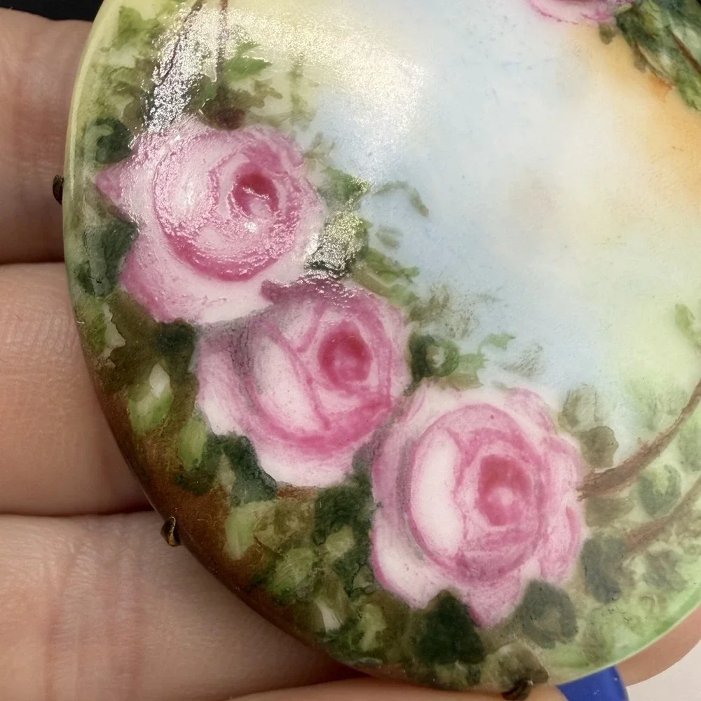 Vintage‎ Porcelain Brooch Hand Painted Flowers Roses Pink Yellow